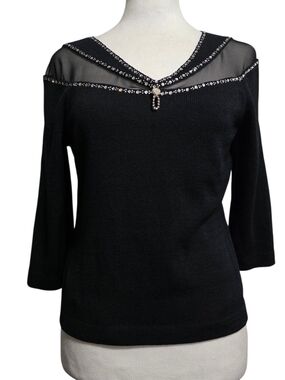 St. John Black Embellished Knit Top Mesh Rhinestone Designer Sweater Sz 2